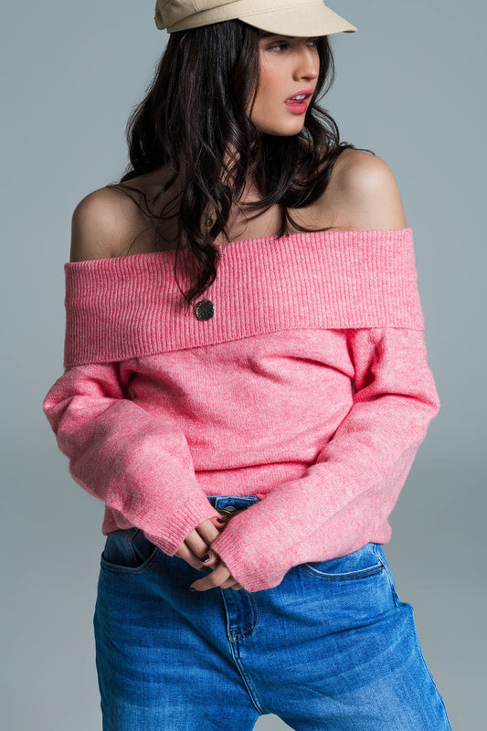 Q2 Jersey relajado super suave de color rosa con escote barco