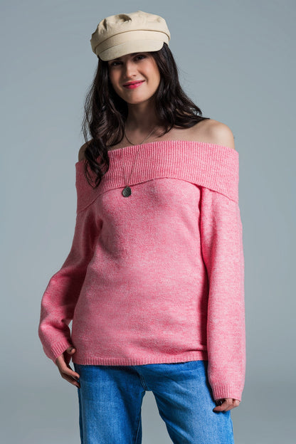 Jersey relajado super suave de color rosa con escote barco
