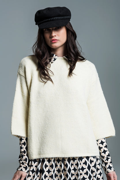 Q2 Jersey Relaxed de manga 3/4 y cuello redondo en color crema