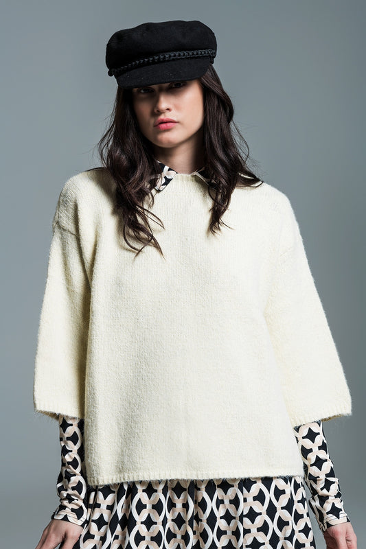 Q2 Jersey Relaxed de manga 3/4 y cuello redondo en color crema