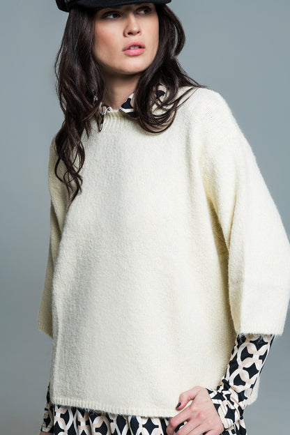 Jersey Relaxed de manga 3/4 y cuello redondo en color crema