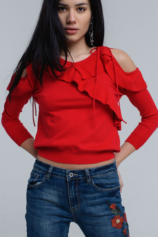 Q2 Jersey rojo con detalle de volantes