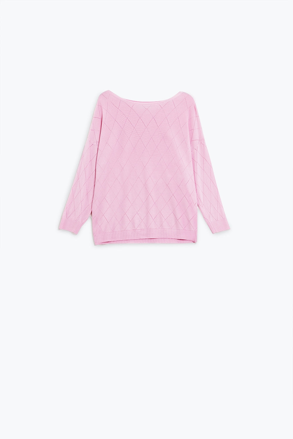 Jersey rosa claro con estampado de rombos y cuello barco