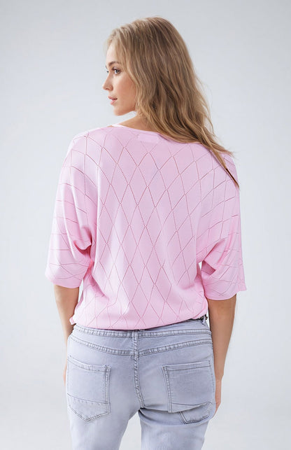Jersey rosa claro de manga corta con estampado de rombos