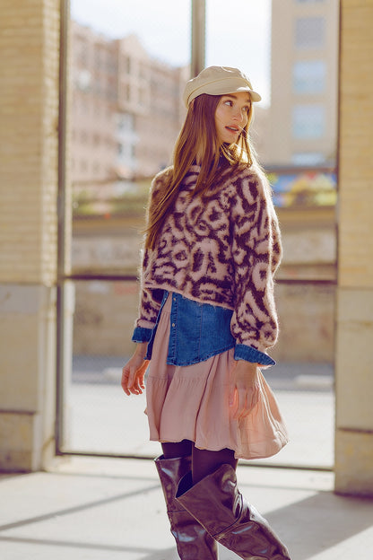 Jersey rosa con estampado de leopardo de punto de lana