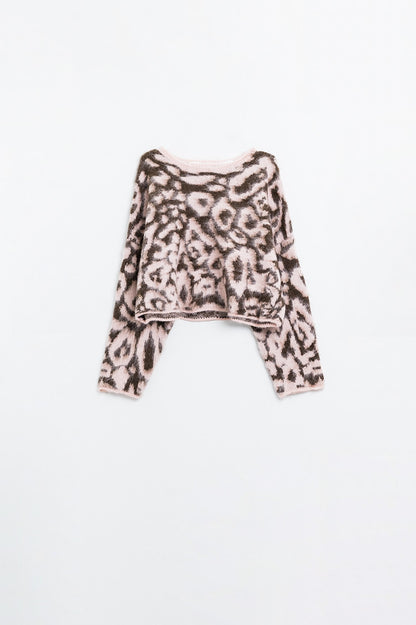 Jersey rosa con estampado de leopardo de punto de lana