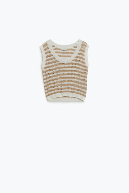 Q2 Jersey sin mangas a rayas de punto abierto marrón y blanco