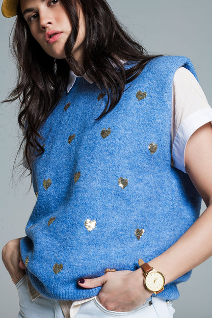 Jersey sin mangas azul con corazones de lentejuelas plateadas