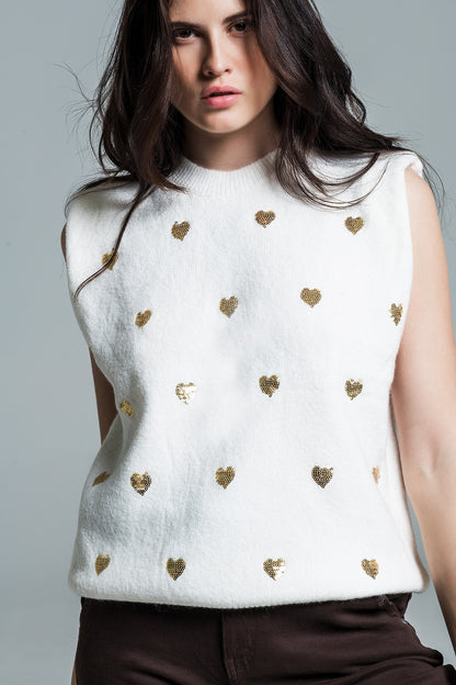 Jersey sin mangas en blanco con corazones de lentejuelas plateadas
