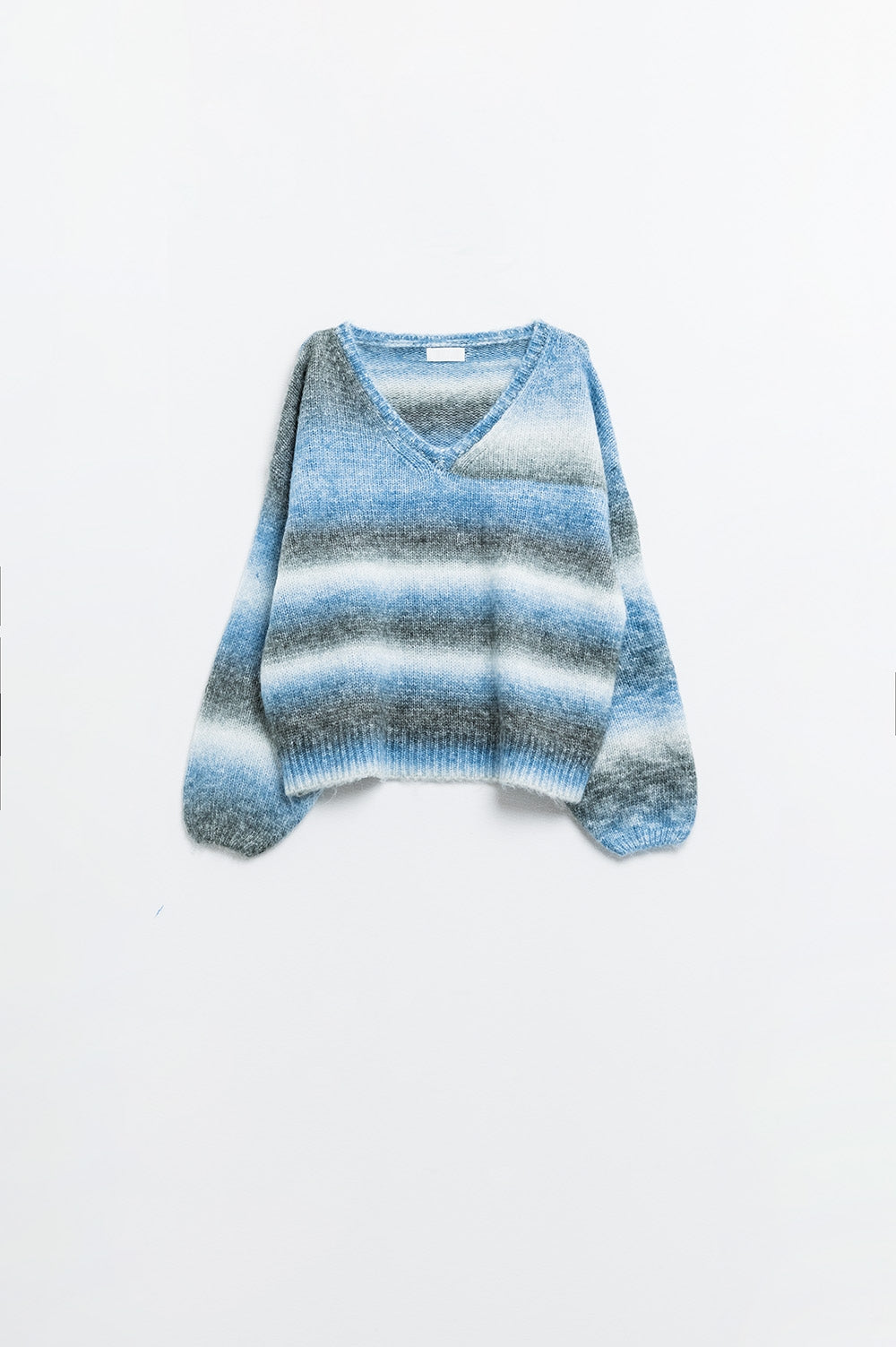 Jersey suelto con cuello de pico y rayas azules y grises