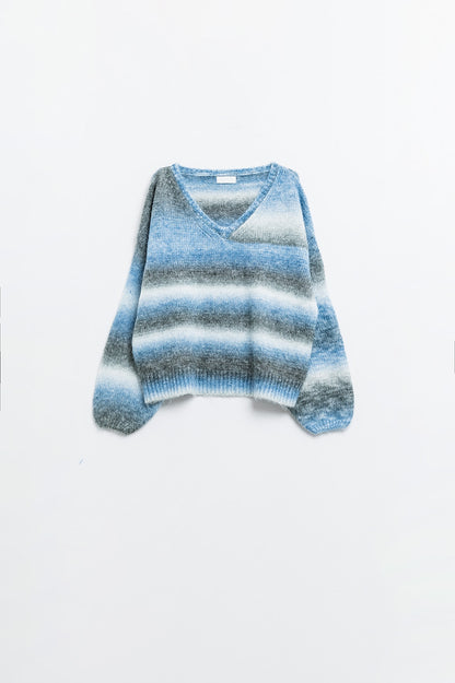 Jersey suelto con cuello de pico y rayas azules y grises