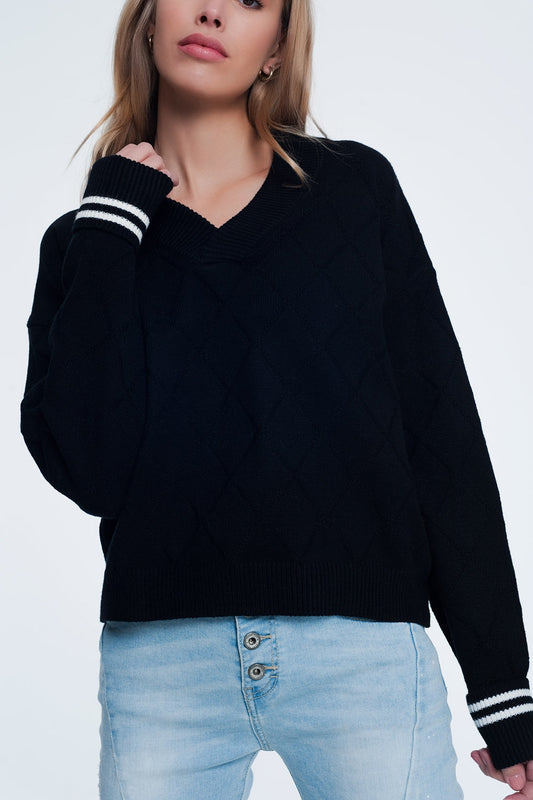 Q2 Jersey texturizado con cuello V de color negro