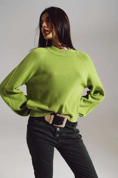Q2 Jersey verde de estilo relajado con mangas globo