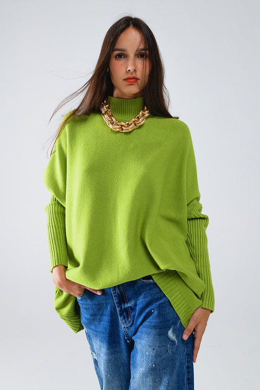 Q2 Jersey verde de gran tamaño y acogedor con mangas acanaladas