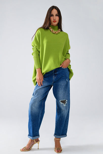 Jersey verde de gran tamaño y acogedor con mangas acanaladas