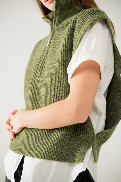 Jersey verde sin mangas de cuello alto con cierre de cremallera
