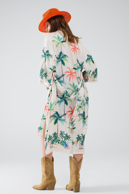Kimono abierto en color crema con estampado playero y largo midi
