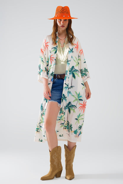 Kimono abierto en color crema con estampado playero y largo midi