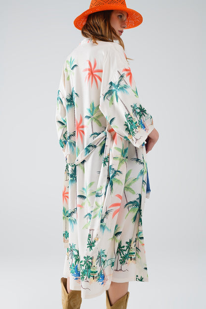 Kimono abierto en color crema con estampado playero y largo midi