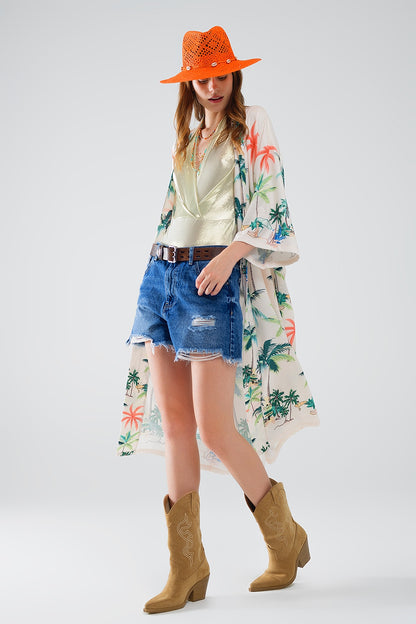 Kimono abierto en color crema con estampado playero y largo midi