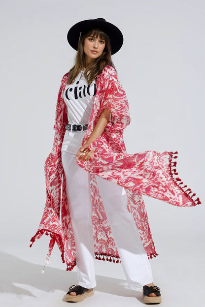 Q2 Kimono largo rojo con cierre de cordón y estampado tribal