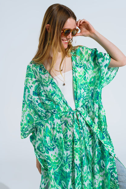Kimono largo verde con cierre de cordón en estampado tribal