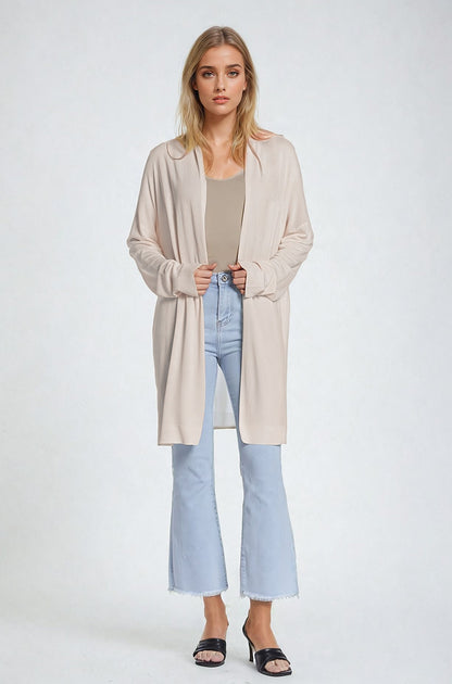 Q2 Maxi Cárdigan Beige Abierto Manga Larga