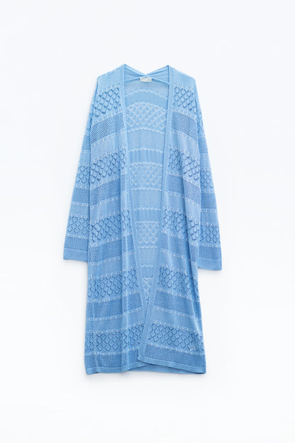 Q2 Maxi cárdigan de ganchillo azul bebé con mangas largas