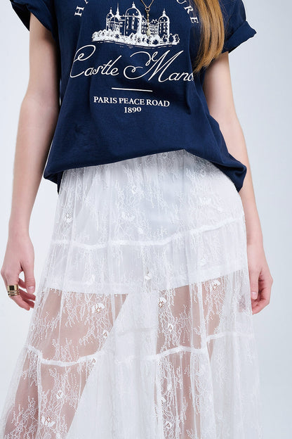 maxi falda blanca de encaje con estampado floral
