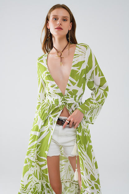 Maxi kimono verde con estampado tropical de palmeras
