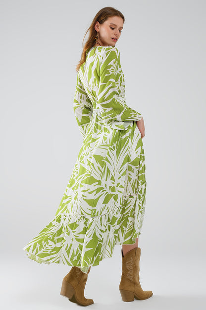 Maxi kimono verde con estampado tropical de palmeras