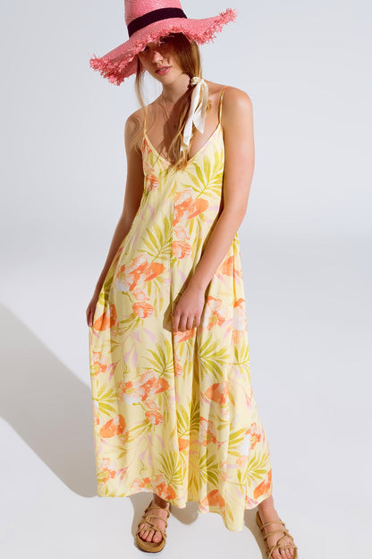 maxi mono amarillo con estampado tropical