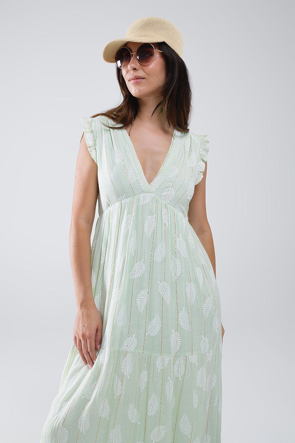 Maxi vestido boho con estampado de hojas y lúrex en color menta
