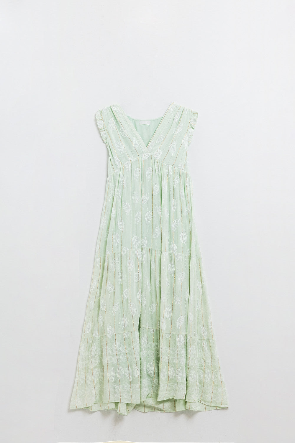 Maxi vestido boho con estampado de hojas y lúrex en color menta
