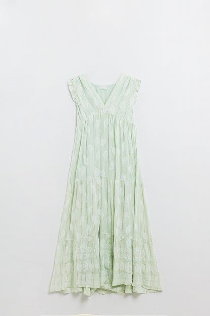 Maxi vestido boho con estampado de hojas y lúrex en color menta