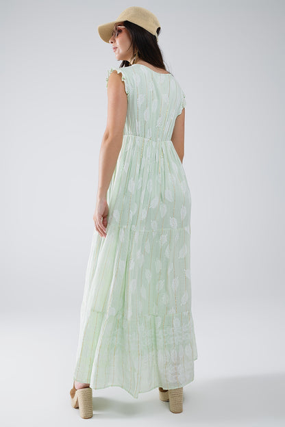 Maxi vestido boho con estampado de hojas y lúrex en color menta