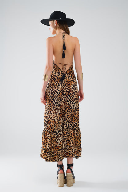 maxi vestido boho con estampado de leopardo y espalda abierta