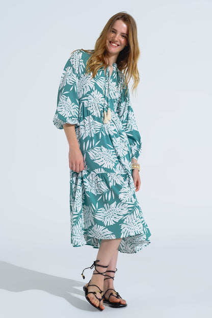 Q2 Maxi vestido boho con mangas globo y estampado de hojas en verde