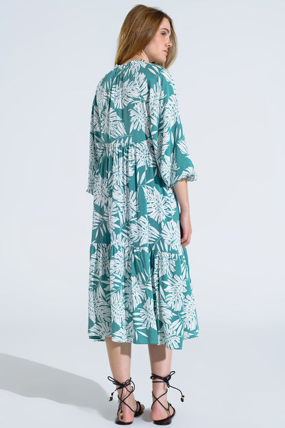 Maxi vestido boho con mangas globo y estampado de hojas en verde
