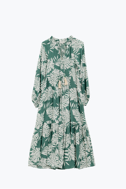 Maxi vestido boho con mangas globo y estampado de hojas en verde