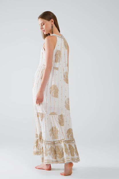 maxi vestido boho de gasa con estampado de flores doradas