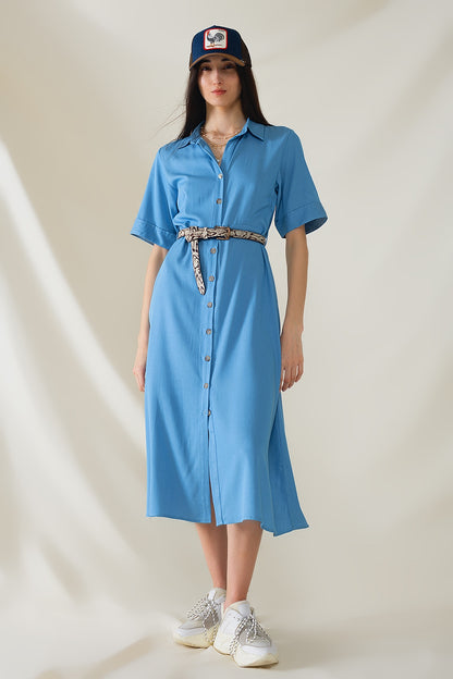 Q2 Maxi Vestido Camisero Azul Con Cuello Polo