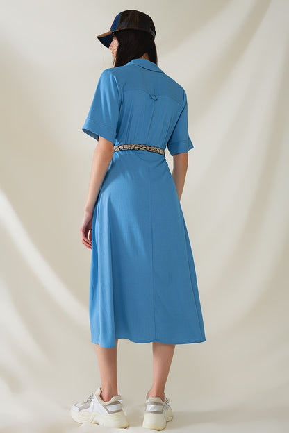 Maxi Vestido Camisero Azul Con Cuello Polo