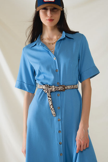 Maxi Vestido Camisero Azul Con Cuello Polo