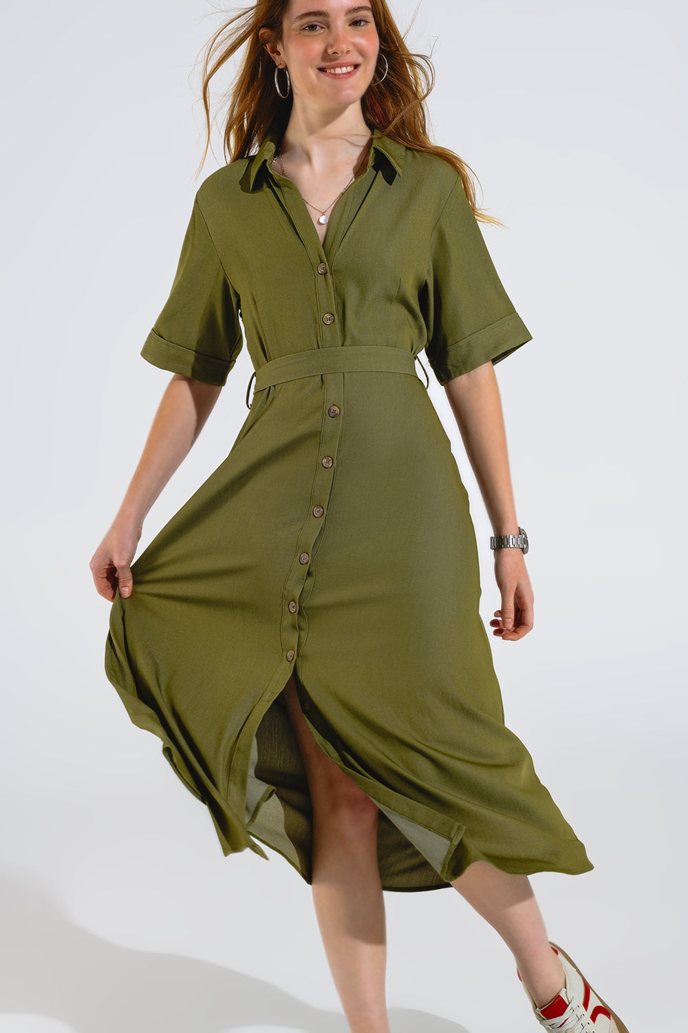 Maxi Vestido Camisero Verde Con Cuello Polo