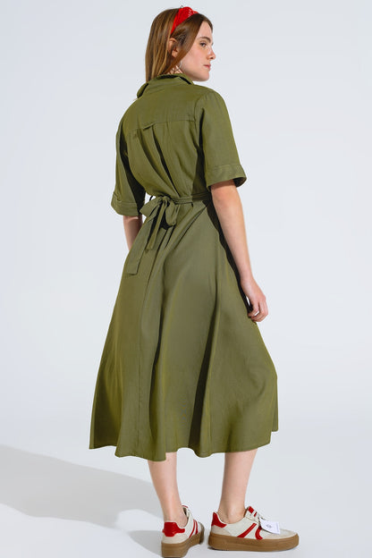 Maxi Vestido Camisero Verde Con Cuello Polo