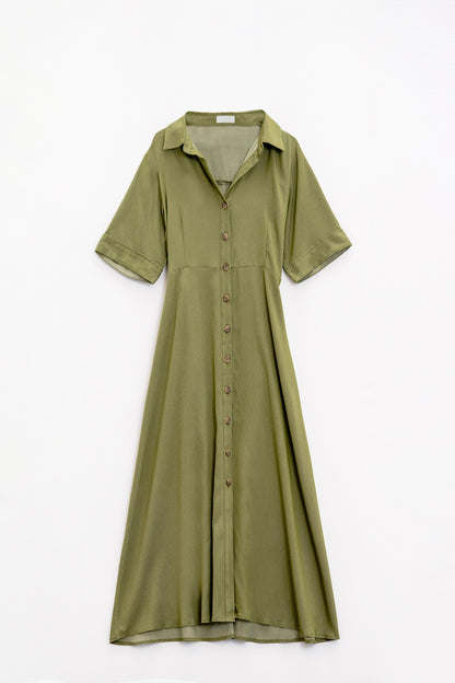 Maxi Vestido Camisero Verde Con Cuello Polo