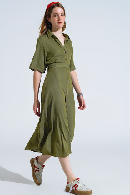Maxi Vestido Camisero Verde Con Cuello Polo