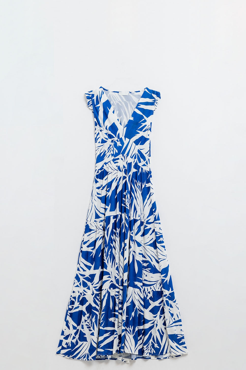 Maxi Vestido con Escote en V y Estampado Tropical en Azul