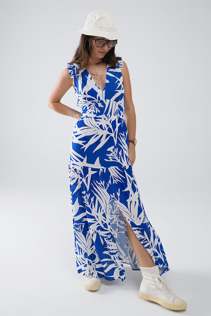 Maxi Vestido con Escote en V y Estampado Tropical en Azul